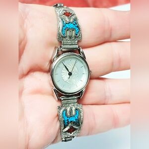 Ladies Solid Silver Navajo Inlaid Turquoise/Coral Thunderbird Indian-head Watch